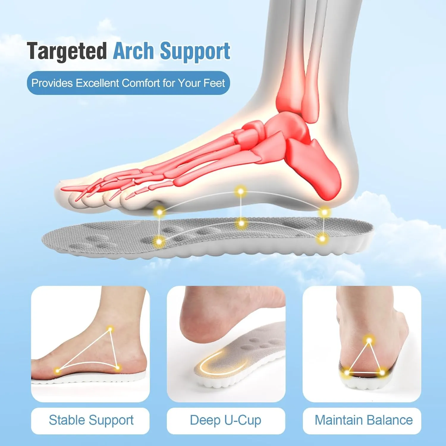 2 Pairs 4D Cloud Soles for Men - Soft Memory Foam Cushioning Cloud Insoles - Ultra Comfort Trim to Fit Steppers Insoles with Arch Support for Foot Pain Relief and Fatigue Reduction(US M 7.5-10.5)