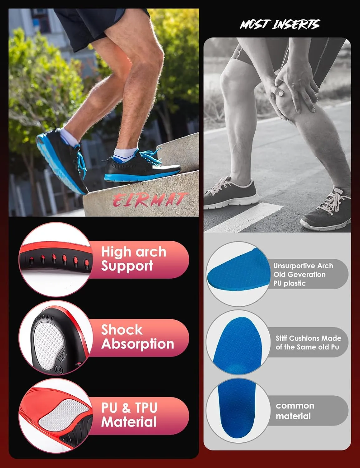 2 Pairs Plantar Fasciitis Relief Insoles, Arch Support Inserts for Men Women, Athletic Gel Insoles Men for Athletic, Orthotic Inserts for High Arch, Flat feet, Pain Relief
