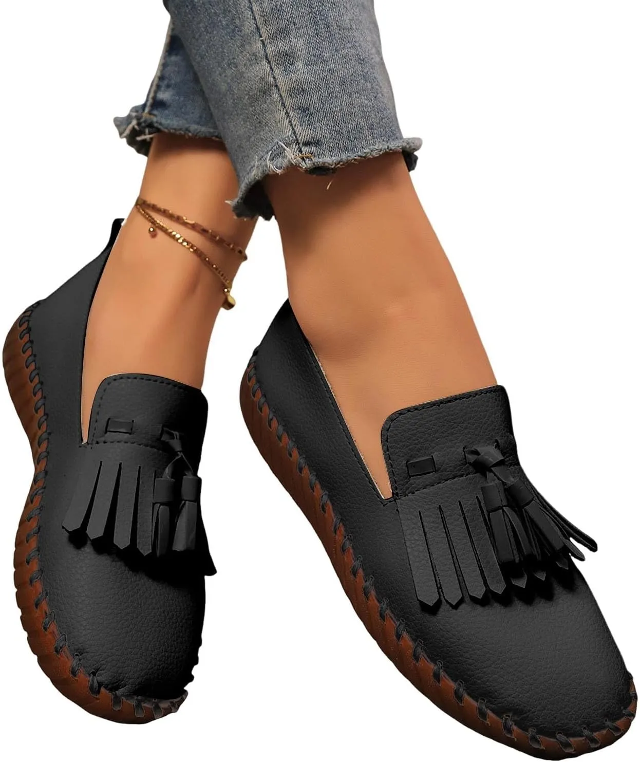 2025 Women's Loafers Orthopedic Casual Tassel Breathable Orthopedic Flat Sneakers Comfortable Low-Top Non Slip Lightweight Memory Foam Boat Round Toe Ladies Casual Shoes for Gym Travel Daily Wear