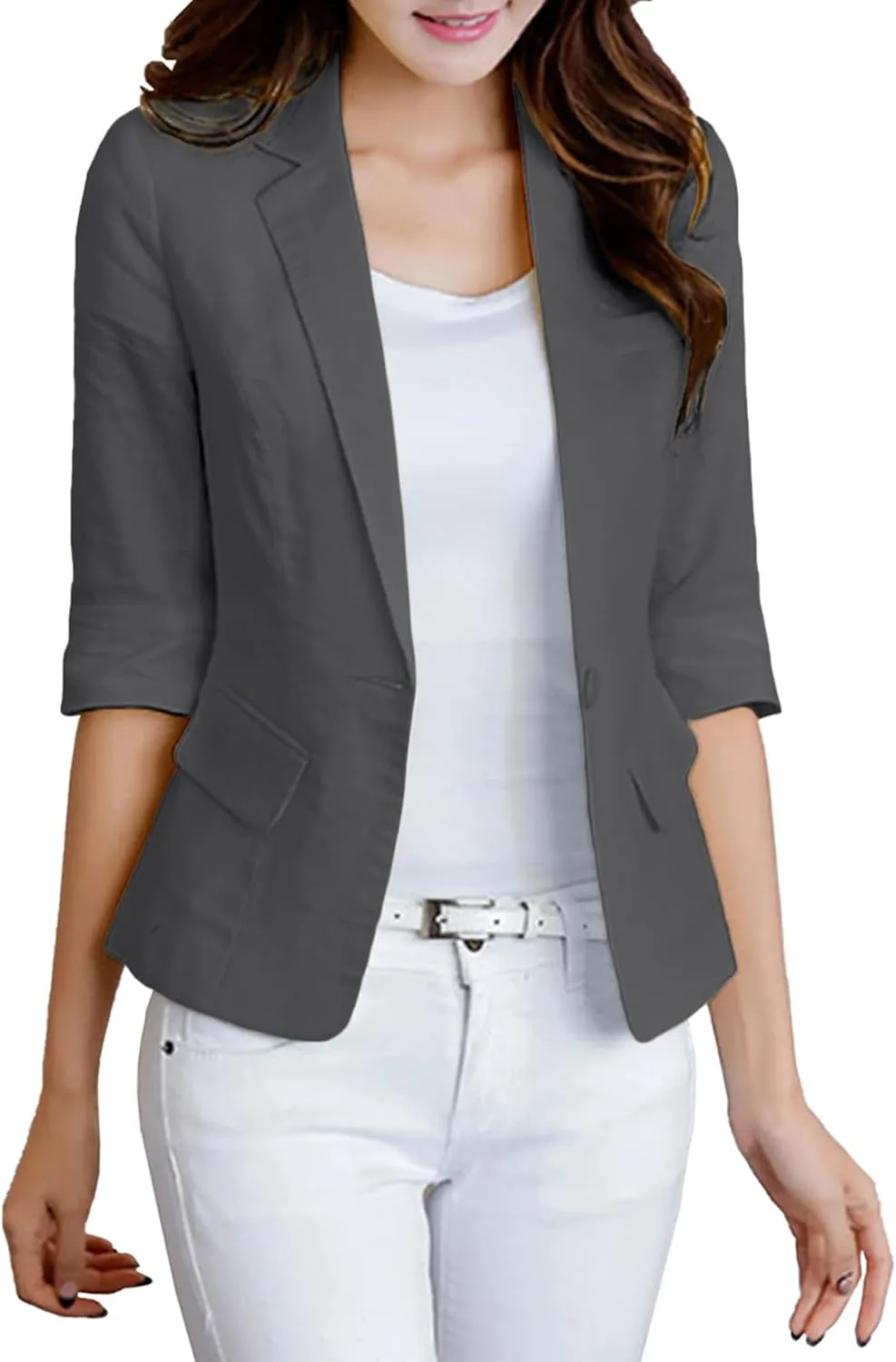 2025 Women's Summer Linen Blazer 3/4 Sleeve Lightweight Fully-Lined Slim Elegant Casual Work Jacket with Pockets