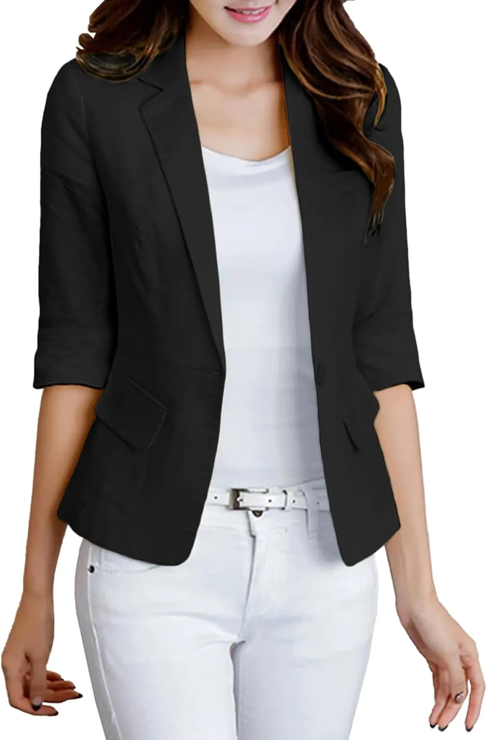 2025 Women's Summer Linen Blazer 3/4 Sleeve Lightweight Fully-Lined Slim Elegant Casual Work Jacket with Pockets