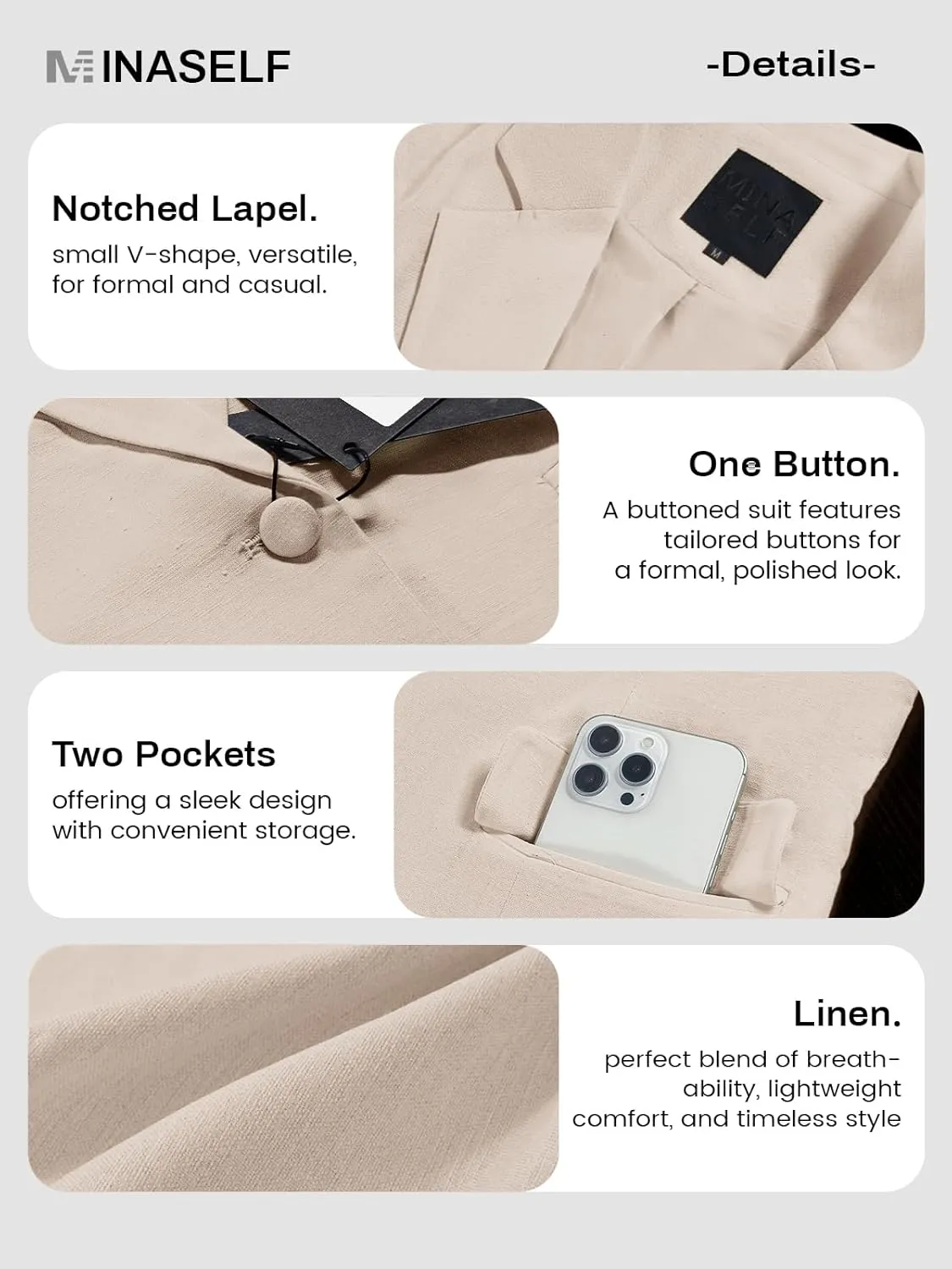 2025 Women's Summer Linen Blazer 3/4 Sleeve Lightweight Fully-Lined Slim Elegant Casual Work Jacket with Pockets