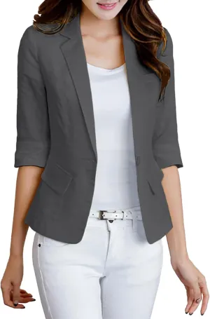 2025 Women's Summer Linen Blazer 3/4 Sleeve Lightweight Fully-Lined Slim Elegant Casual Work Jacket with Pockets
