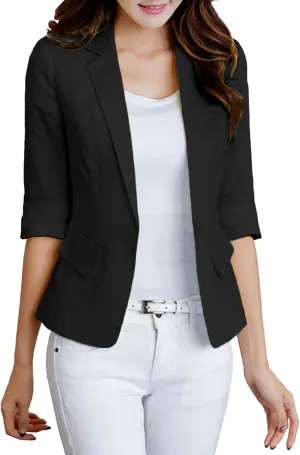 2025 Women's Summer Linen Blazer 3/4 Sleeve Lightweight Fully-Lined Slim Elegant Casual Work Jacket with Pockets