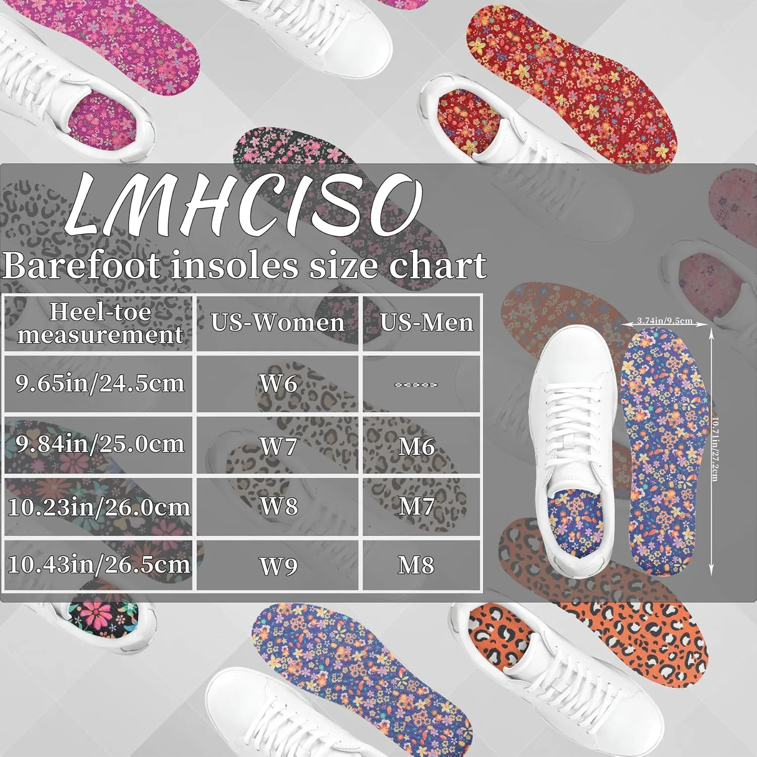 6 Pairs No Show Socks Inner Soles for Women,Barefoot Sockless Shoe Inserts,Anti-Odor Non Slip,Washable,Multi Floral Print,Size 6-9