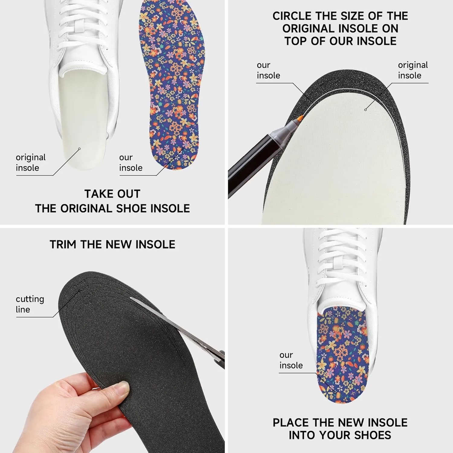 6 Pairs No Show Socks Inner Soles for Women,Barefoot Sockless Shoe Inserts,Anti-Odor Non Slip,Washable,Multi Floral Print,Size 6-9