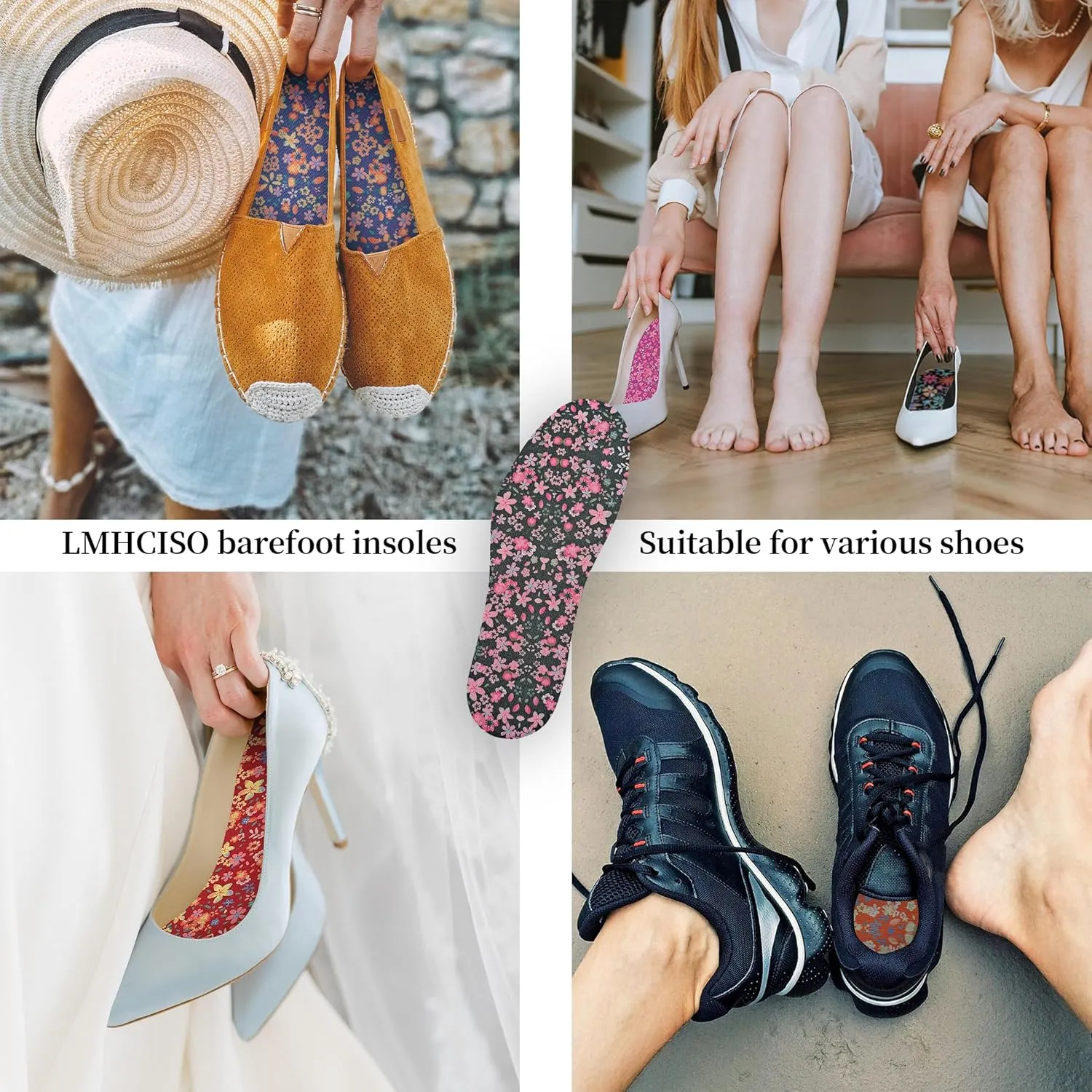 6 Pairs No Show Socks Inner Soles for Women,Barefoot Sockless Shoe Inserts,Anti-Odor Non Slip,Washable,Multi Floral Print,Size 6-9
