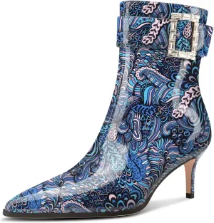 Aachcol Womens Kitten Heel Ankle Boots Pointed Toe Buckle Rhinestone Crystal Mid Calf Zipper 2.6 Inches Heels Patent Leather Dress Short Booties