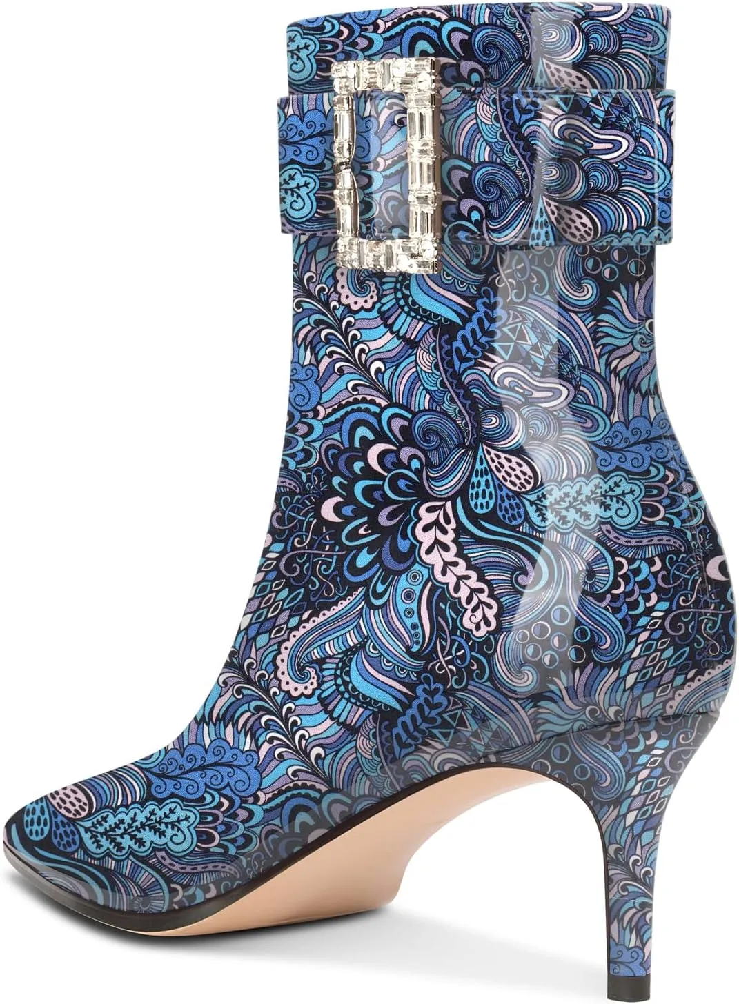 Aachcol Womens Kitten Heel Ankle Boots Pointed Toe Buckle Rhinestone Crystal Mid Calf Zipper 2.6 Inches Heels Patent Leather Dress Short Booties