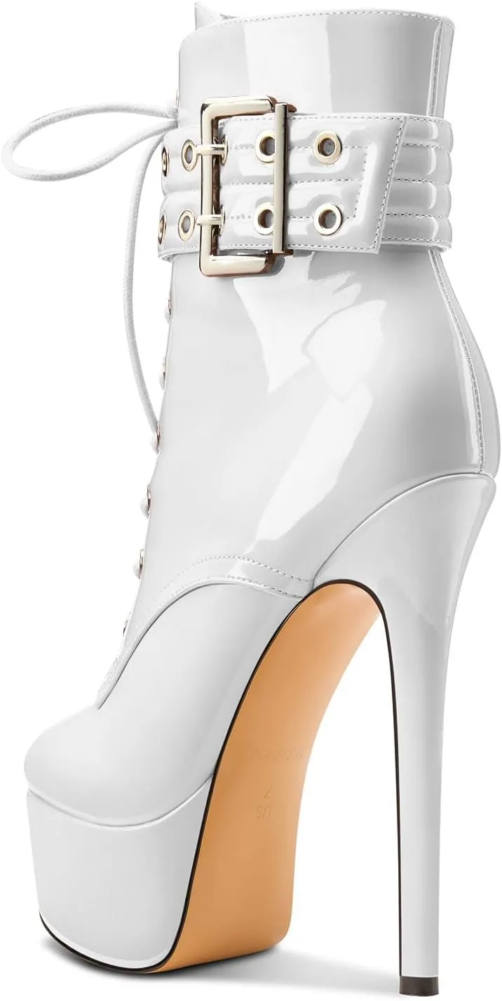 Aachcol Womens Stiletto High Heel Platform Ankle Boots Round Toe Lace-up Zipper Mid Calf Buckle Patent Leather Dress Booties