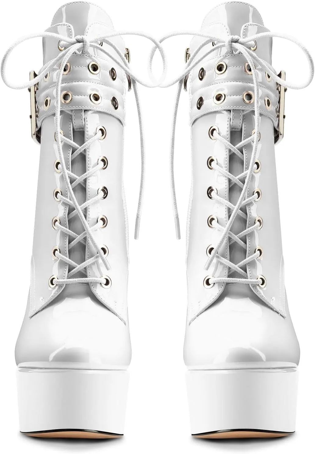 Aachcol Womens Stiletto High Heel Platform Ankle Boots Round Toe Lace-up Zipper Mid Calf Buckle Patent Leather Dress Booties