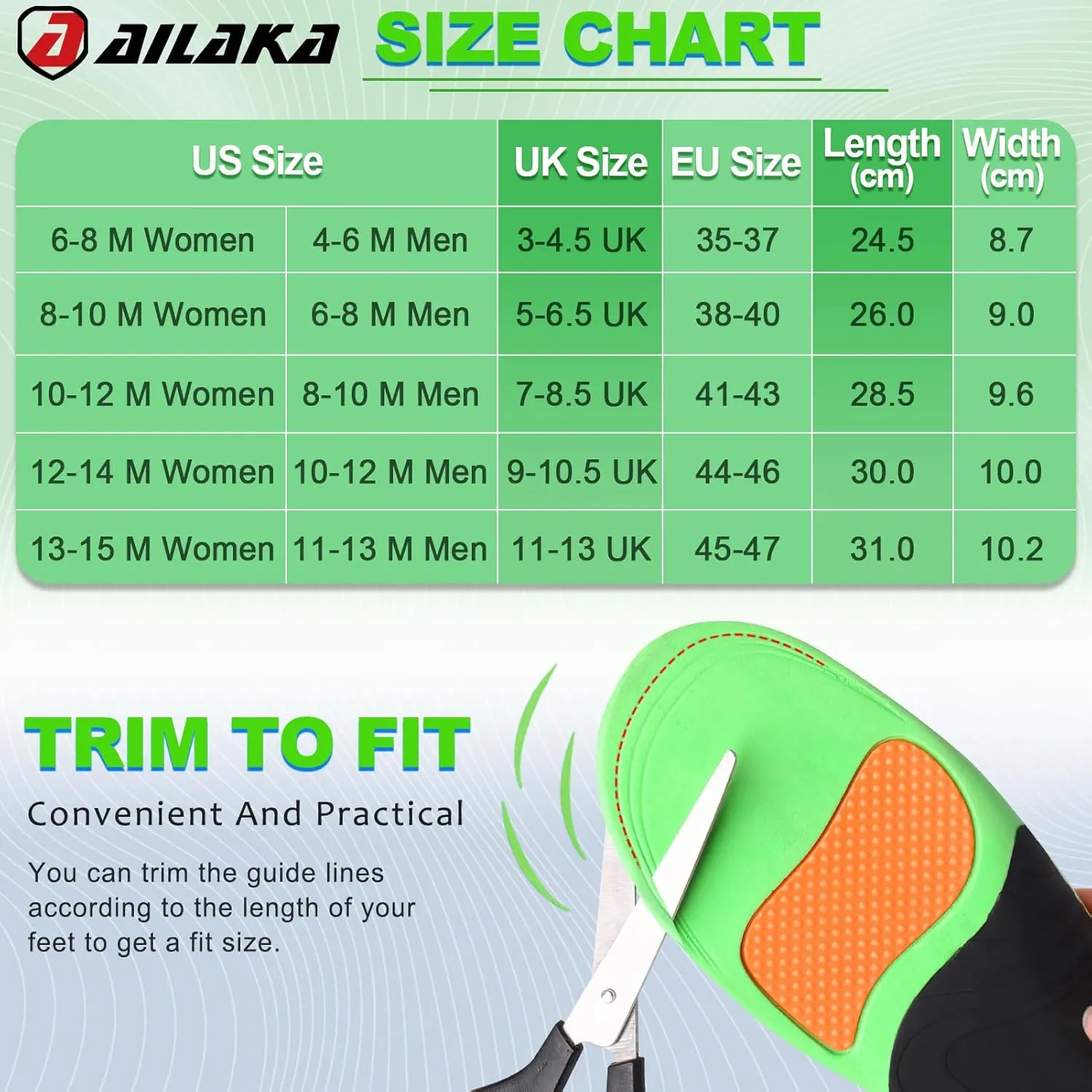Ailaka Orthotic Cushion Arch Support Shoe Insoles for Men & Women, Unisex Daily Shock Absorption Gel Sports Inserts for Flat Feet, Plantar Fasciitis, Heel Pain Relief