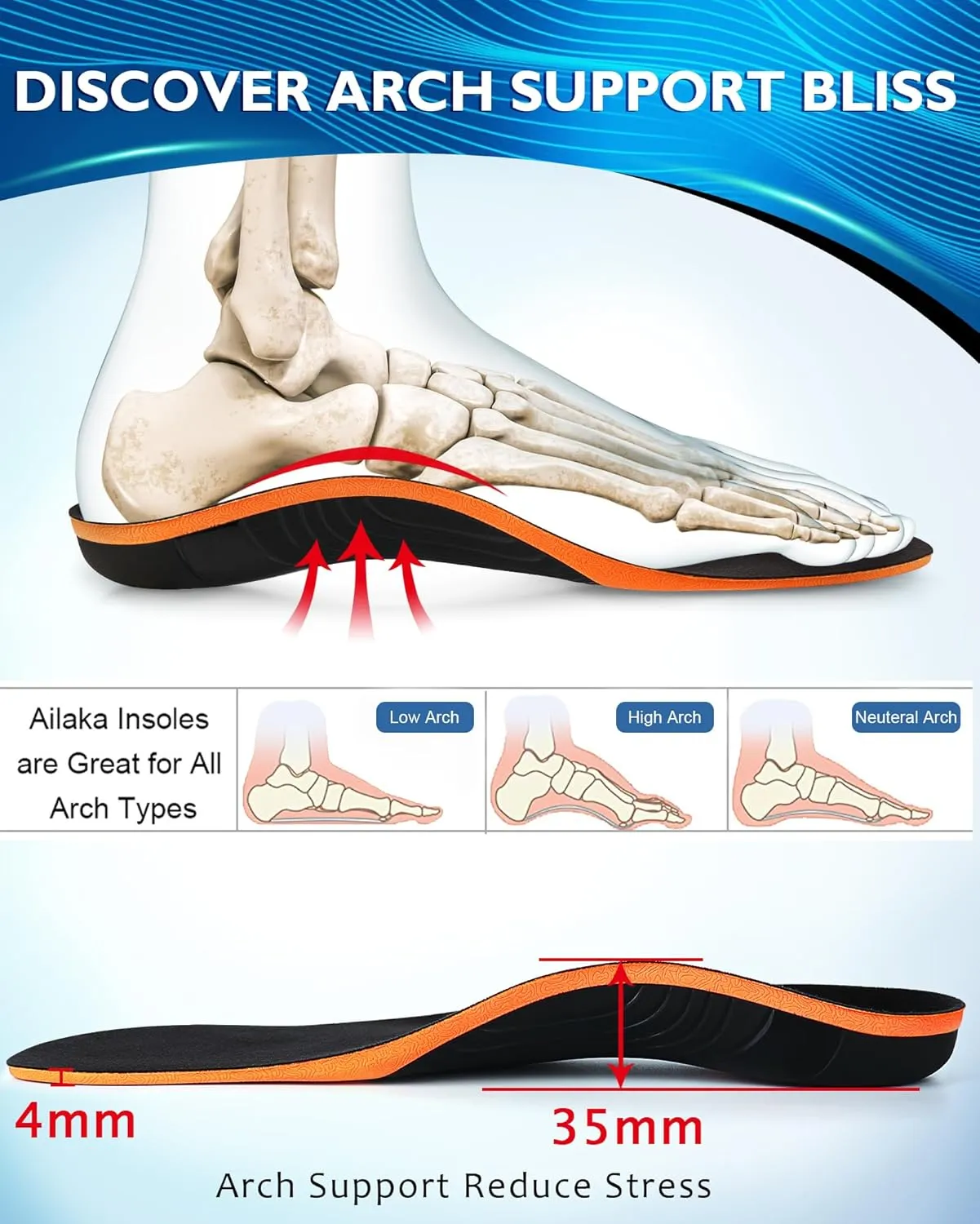 Ailaka Work Boot Insoles for Standing All Day, High Arch Support Insoles for Men Women, Comfort Cushion Shock Absorption Orthotic Inserts for Flat Feet Plantar Fasciitis