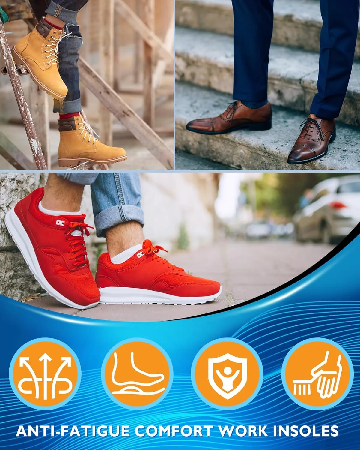 Ailaka Work Boot Insoles for Standing All Day, High Arch Support Insoles for Men Women, Comfort Cushion Shock Absorption Orthotic Inserts for Flat Feet Plantar Fasciitis