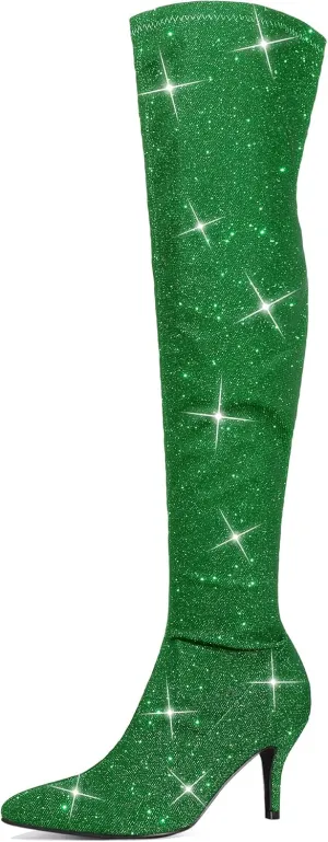 Allegra K Women's Glitter Pointed Toe Stiletto Heels Over the Knee High Boots