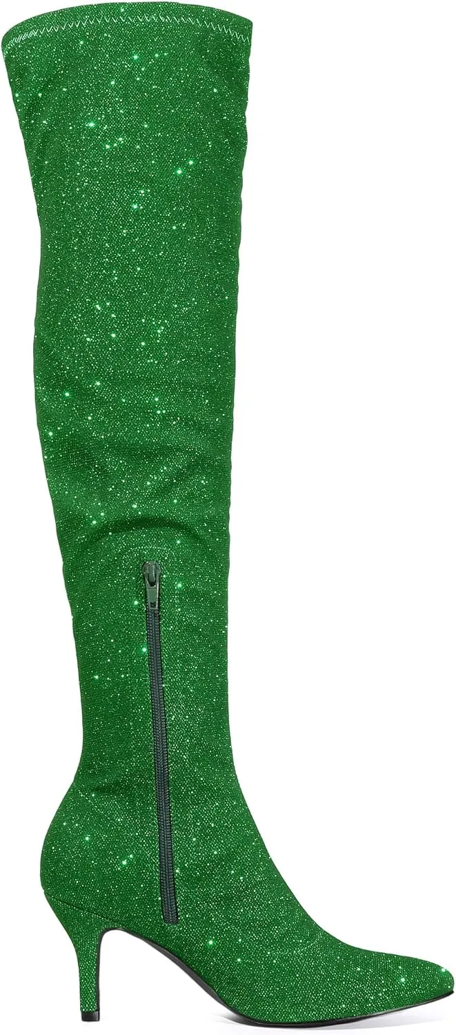 Allegra K Women's Glitter Pointed Toe Stiletto Heels Over the Knee High Boots
