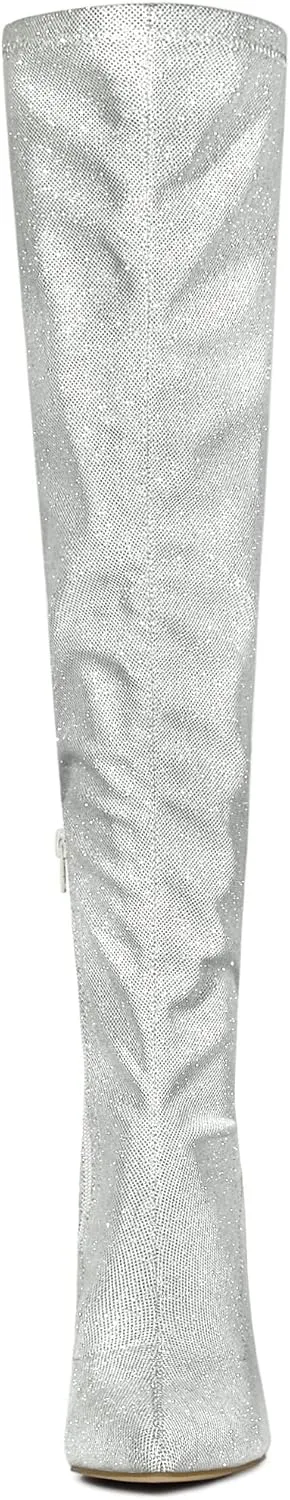 Allegra K Women's Glitter Pointed Toe Stiletto Heels Over the Knee High Boots