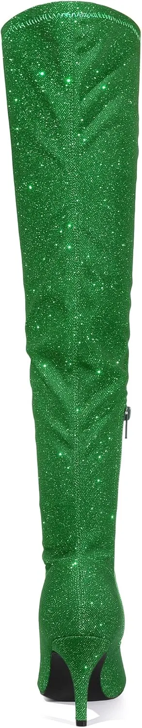 Allegra K Women's Glitter Pointed Toe Stiletto Heels Over the Knee High Boots