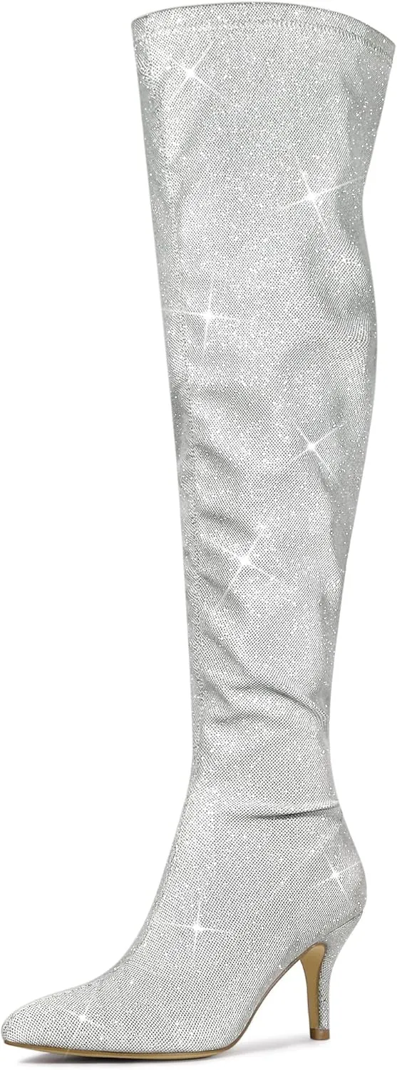 Allegra K Women's Glitter Pointed Toe Stiletto Heels Over the Knee High Boots