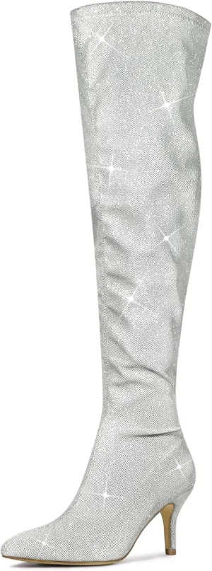 Allegra K Women's Glitter Pointed Toe Stiletto Heels Over the Knee High Boots