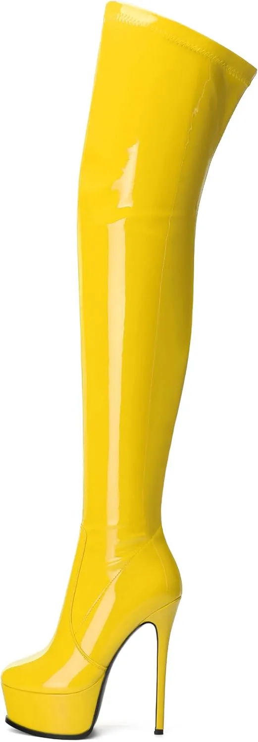 AMBELIGHT Platform Over The Knee Boots for Women Thigh High Stiletto Zipper Round Toe Patent Long Boots Elegant Classic Sexy Fashion Tall Boots