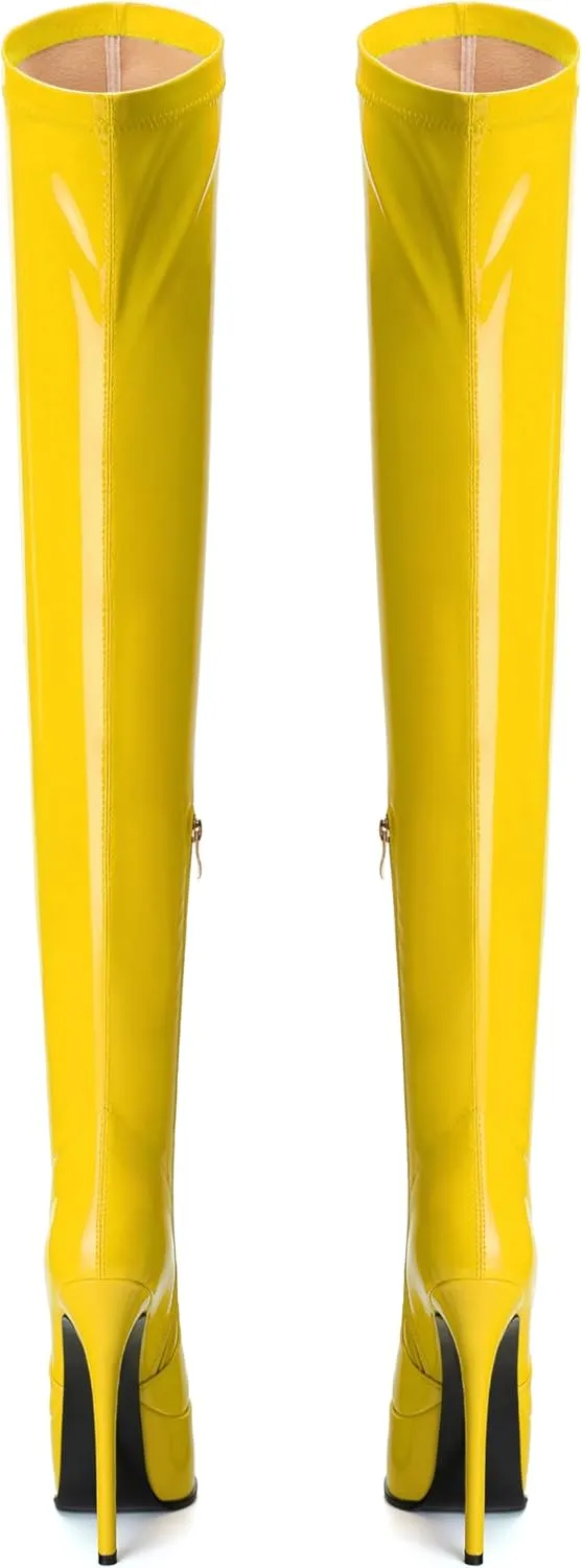 AMBELIGHT Platform Over The Knee Boots for Women Thigh High Stiletto Zipper Round Toe Patent Long Boots Elegant Classic Sexy Fashion Tall Boots