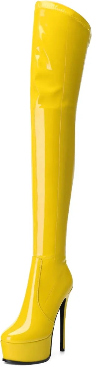 AMBELIGHT Platform Over The Knee Boots for Women Thigh High Stiletto Zipper Round Toe Patent Long Boots Elegant Classic Sexy Fashion Tall Boots