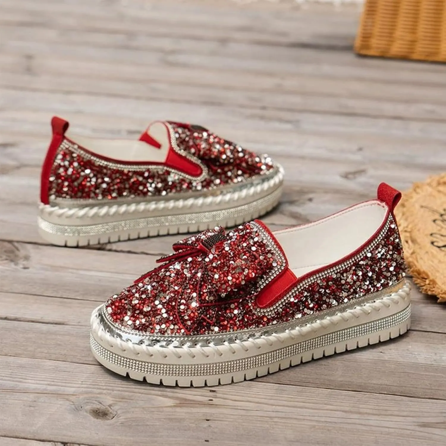 AngryMonkey Women's Rhinestones Glitter Slip On Sneakers,Cute Bow Comfort Platform Walking Flat Loafer Stitch Casual Shoes