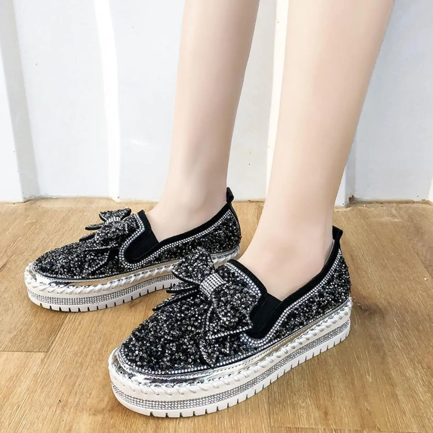 AngryMonkey Women's Rhinestones Glitter Slip On Sneakers,Cute Bow Comfort Platform Walking Flat Loafer Stitch Casual Shoes