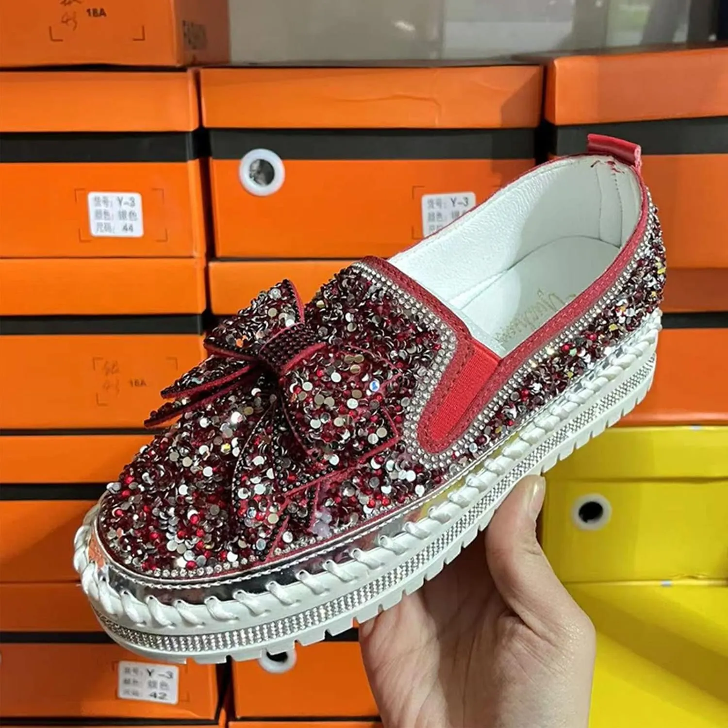 AngryMonkey Women's Rhinestones Glitter Slip On Sneakers,Cute Bow Comfort Platform Walking Flat Loafer Stitch Casual Shoes