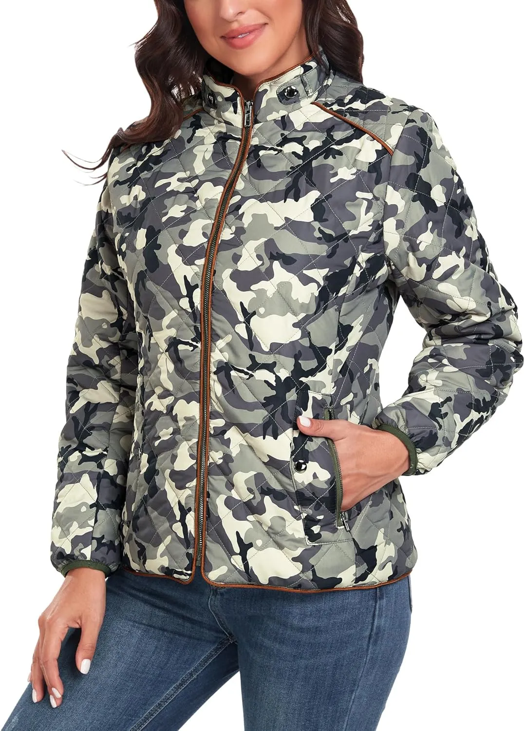 Anienaya Women's Lightweight Quilted Jacket Stand Collar Zip Warm Winter Coat Outwear w 2 Pockets