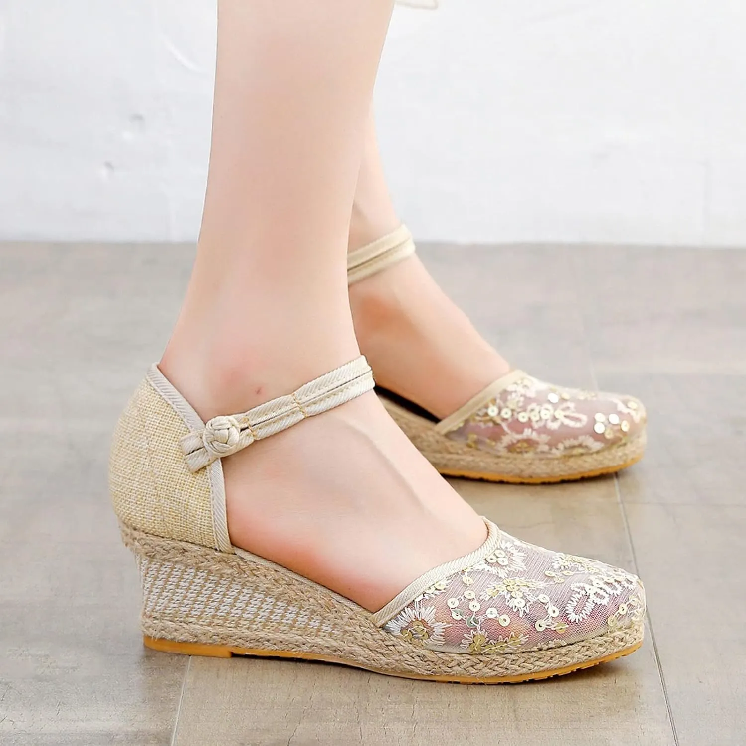 Aniywn Women Closed Toe Retro Wedge Casual Sandals Buckle Strap Ladies Espadrilles Wedge Sandals