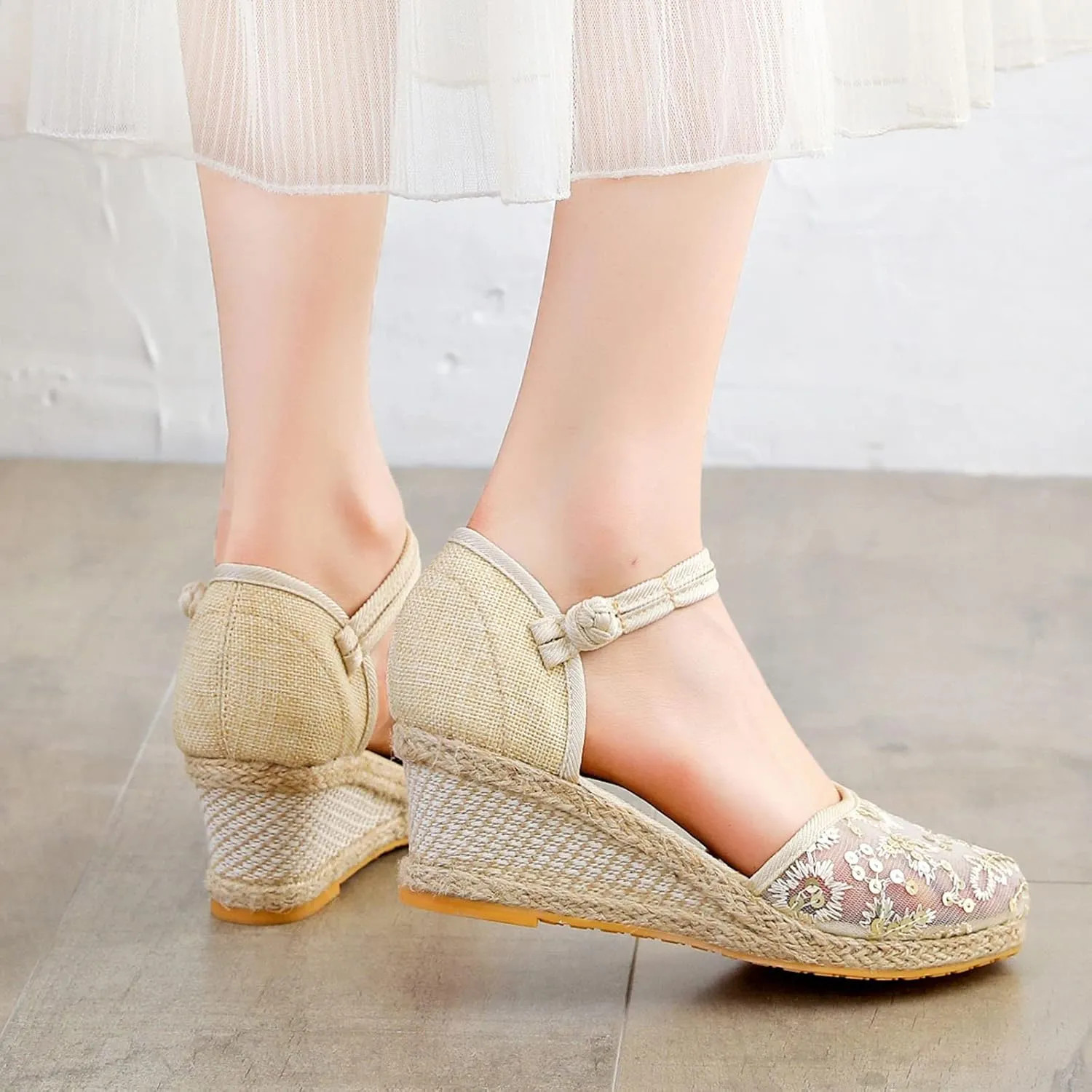 Aniywn Women Closed Toe Retro Wedge Casual Sandals Buckle Strap Ladies Espadrilles Wedge Sandals