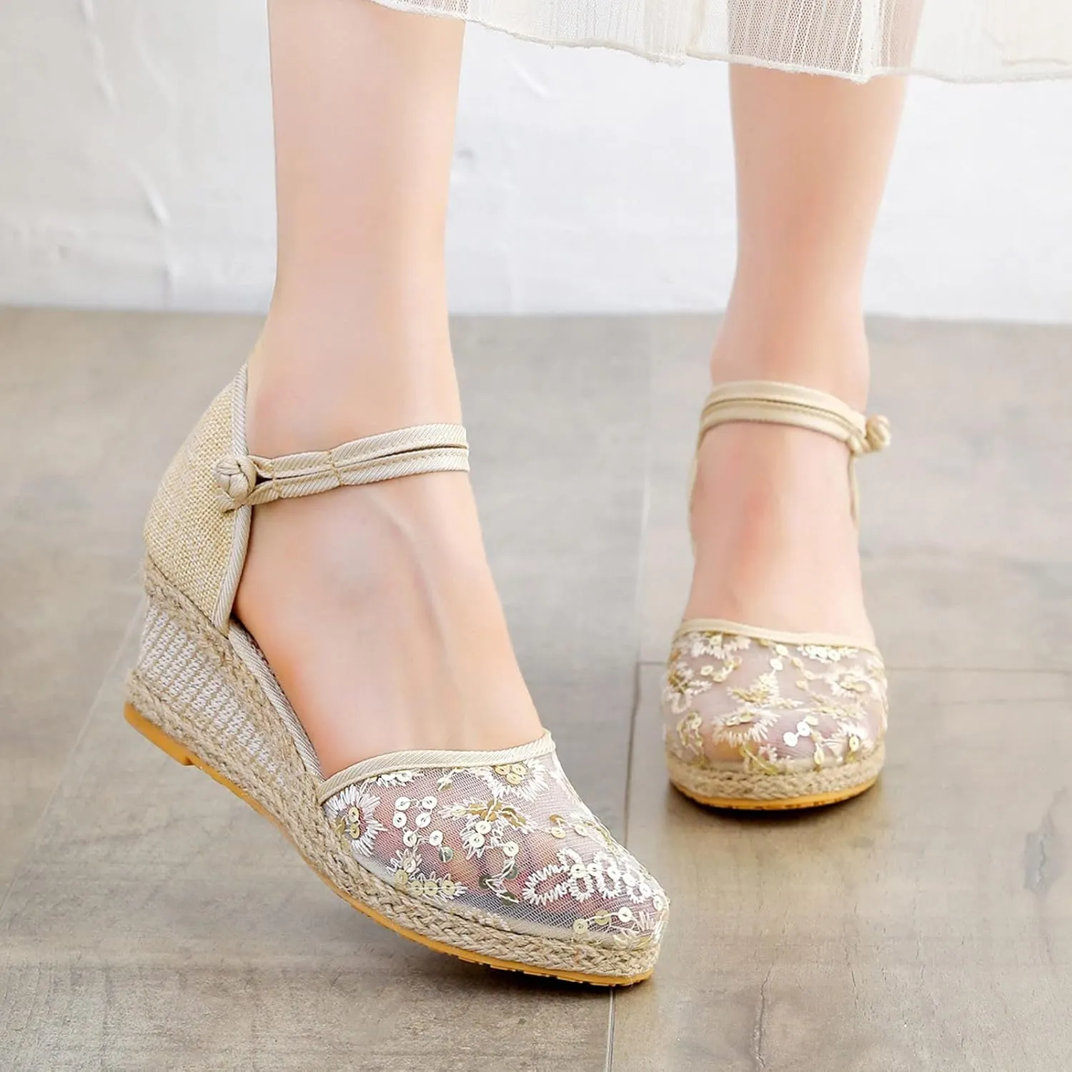 Aniywn Women Closed Toe Retro Wedge Casual Sandals Buckle Strap Ladies Espadrilles Wedge Sandals