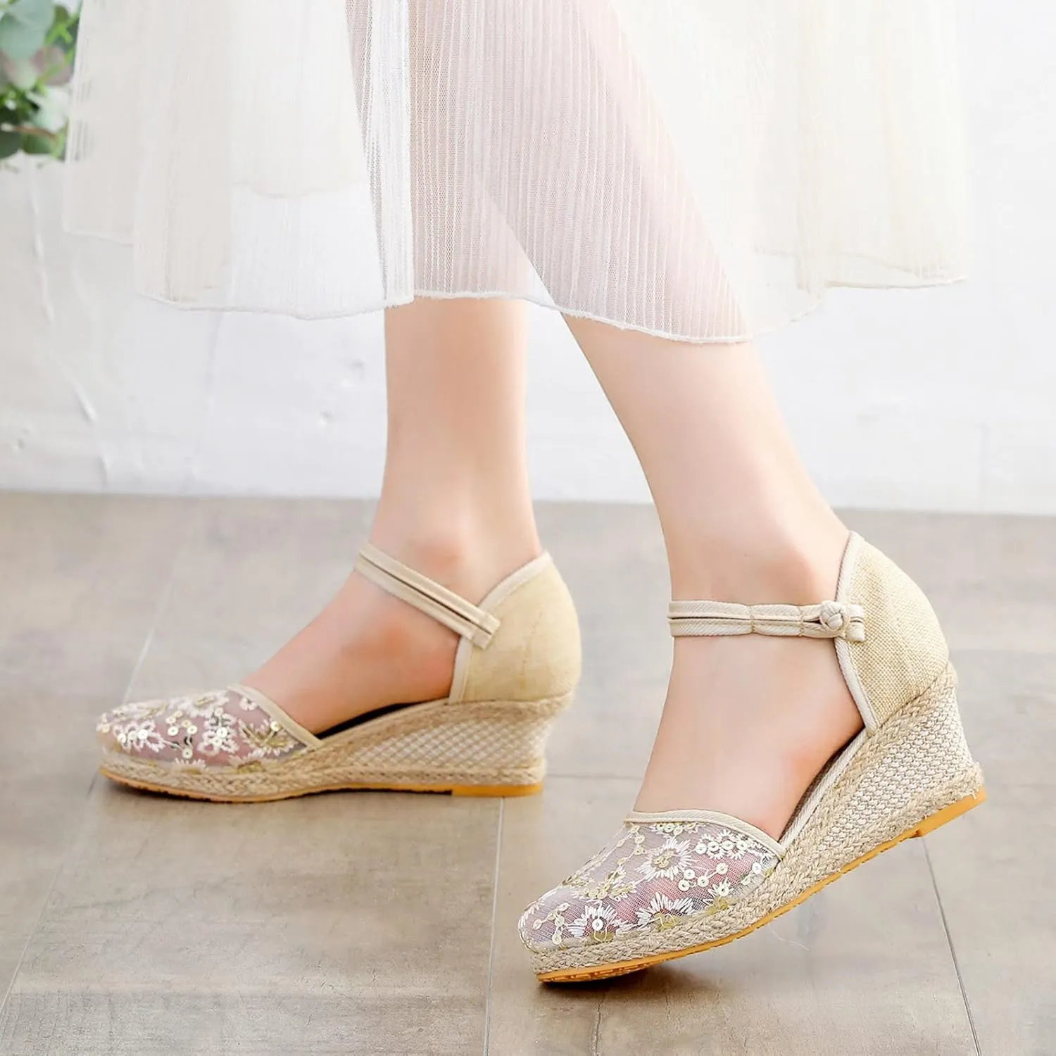 Aniywn Women Closed Toe Retro Wedge Casual Sandals Buckle Strap Ladies Espadrilles Wedge Sandals