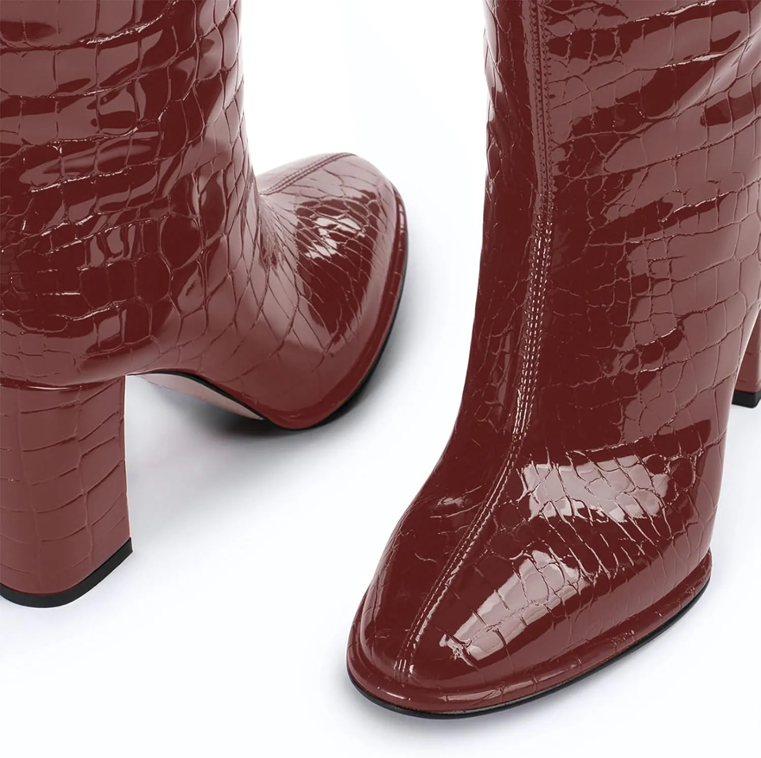 anteikira Women's Chunky Heel Round Toe Knee High Boots Crocodile High Heel Long Boots Fashion Pull On Tall Boots for Ladies Size 5.5-12US