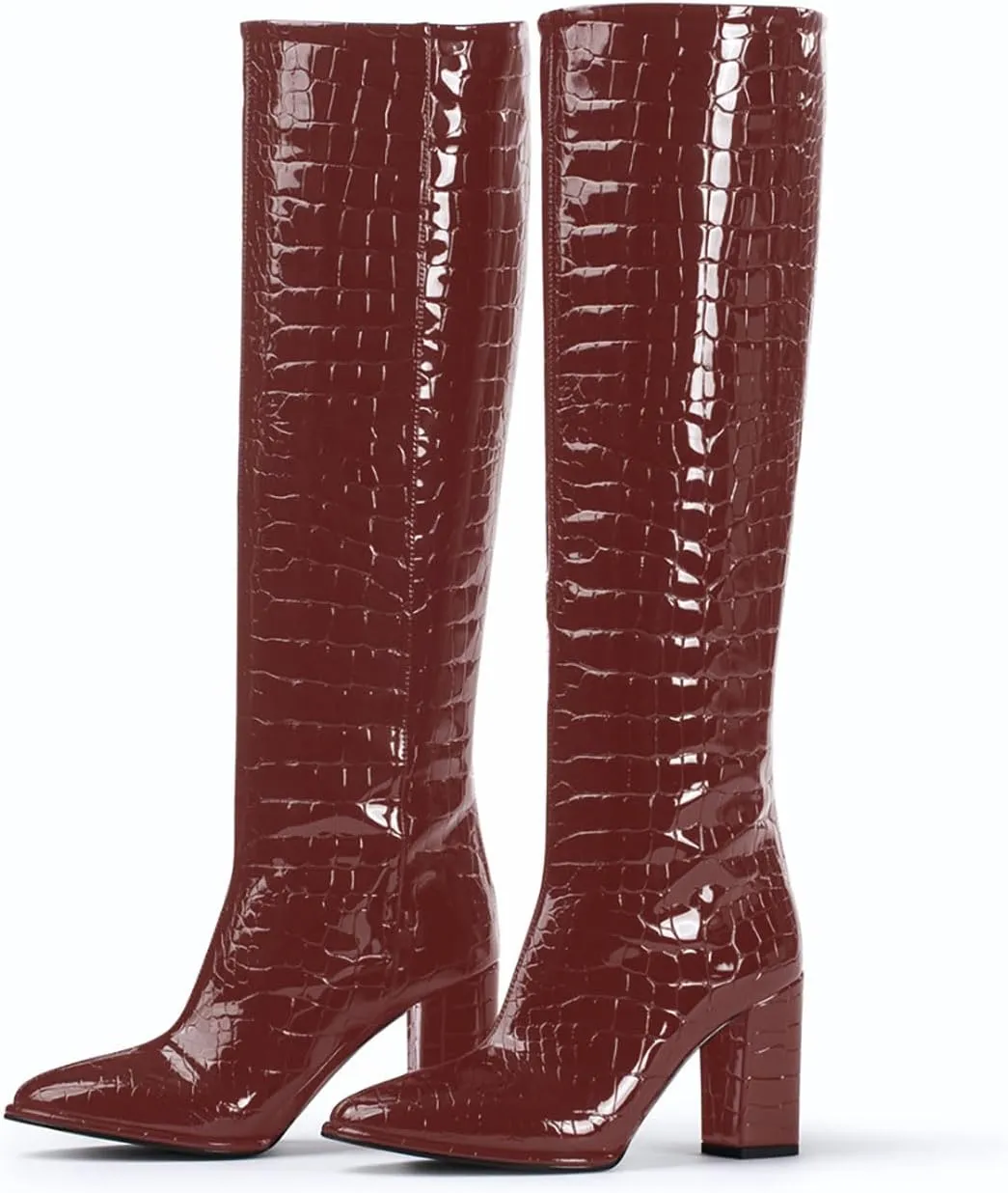 anteikira Women's Chunky Heel Round Toe Knee High Boots Crocodile High Heel Long Boots Fashion Pull On Tall Boots for Ladies Size 5.5-12US
