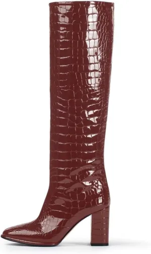 anteikira Women's Chunky Heel Round Toe Knee High Boots Crocodile High Heel Long Boots Fashion Pull On Tall Boots for Ladies Size 5.5-12US
