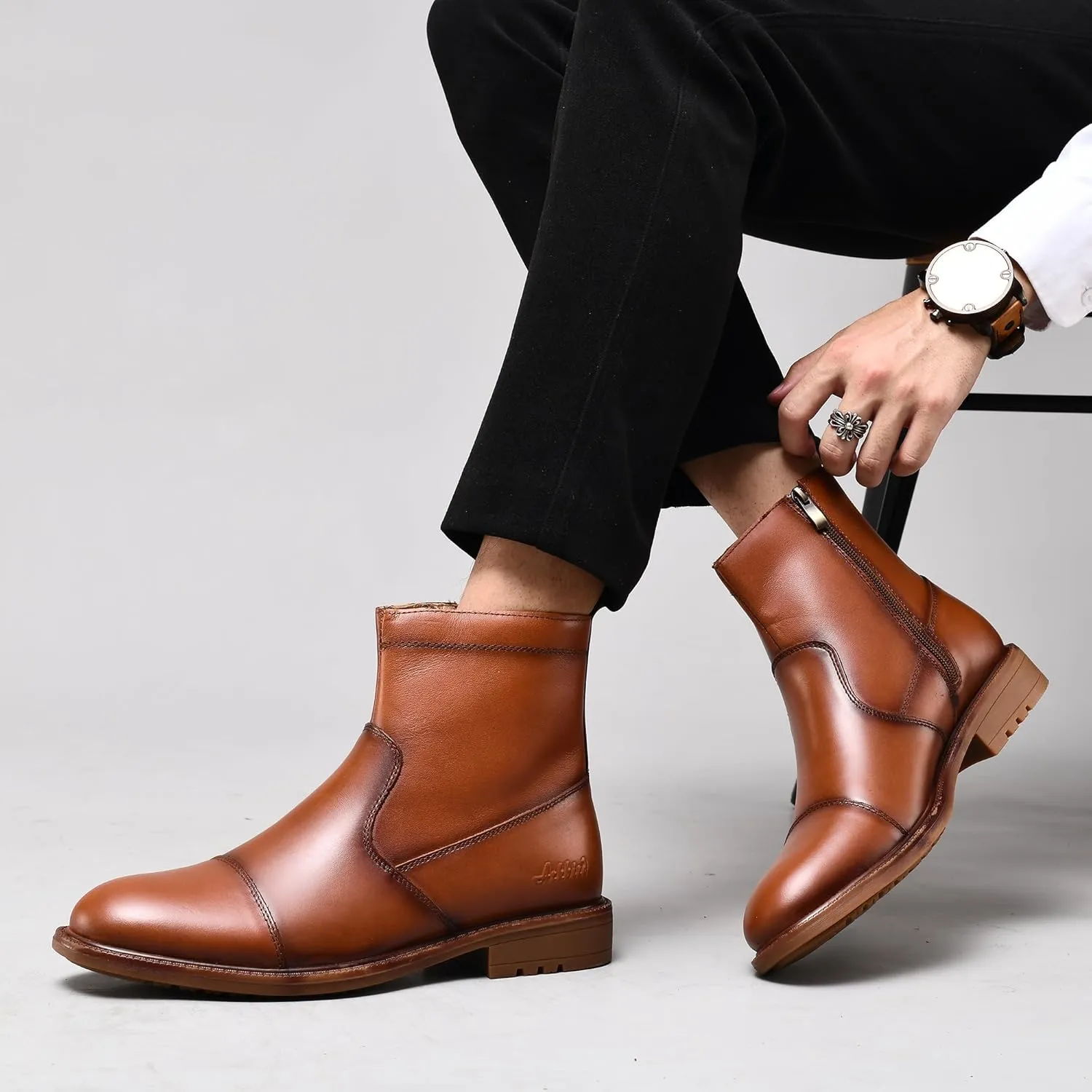 Arkbird Mens Chelsea Dress Boots Side Zipper Genuine Leather Classic Fashion Casual Slip-on Ankle Boots for Men