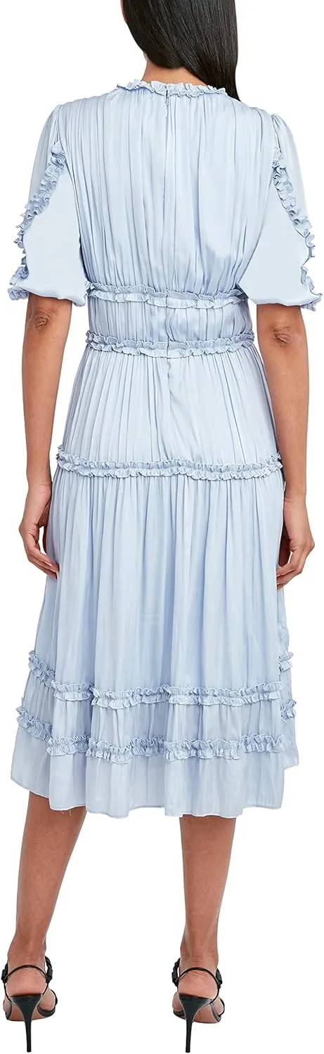 BCBGMAXAZRIA Women's Fit and Flare 3/4 Sleeve Embroidered Midi Dress