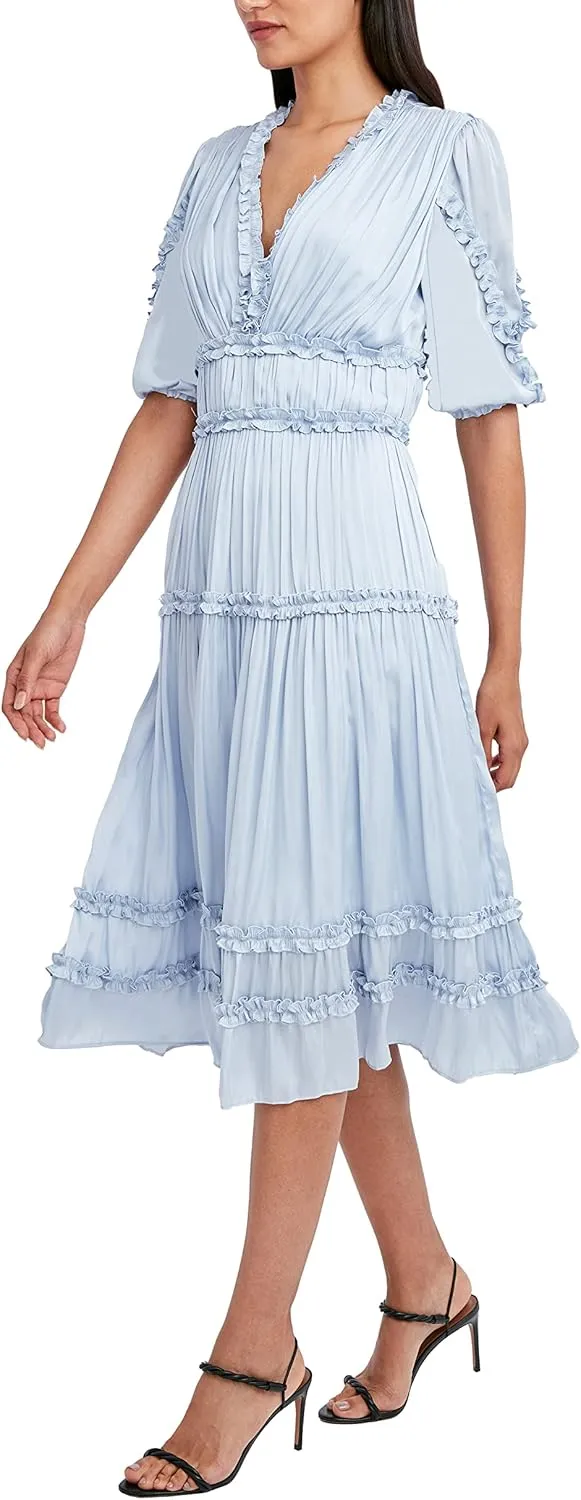 BCBGMAXAZRIA Women's Fit and Flare 3/4 Sleeve Embroidered Midi Dress