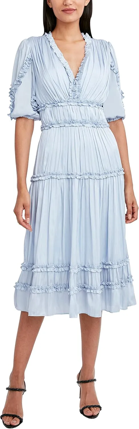 BCBGMAXAZRIA Women's Fit and Flare 3/4 Sleeve Embroidered Midi Dress