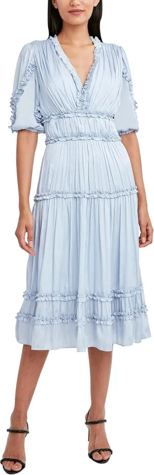 BCBGMAXAZRIA Women's Fit and Flare 3/4 Sleeve Embroidered Midi Dress
