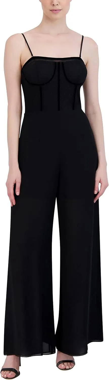 BCBGMAXAZRIA Women's Sleeveless Wide Leg Jumpsuit Strapless Bustier Neck Mesh Bodice Velvet Trim One Piece