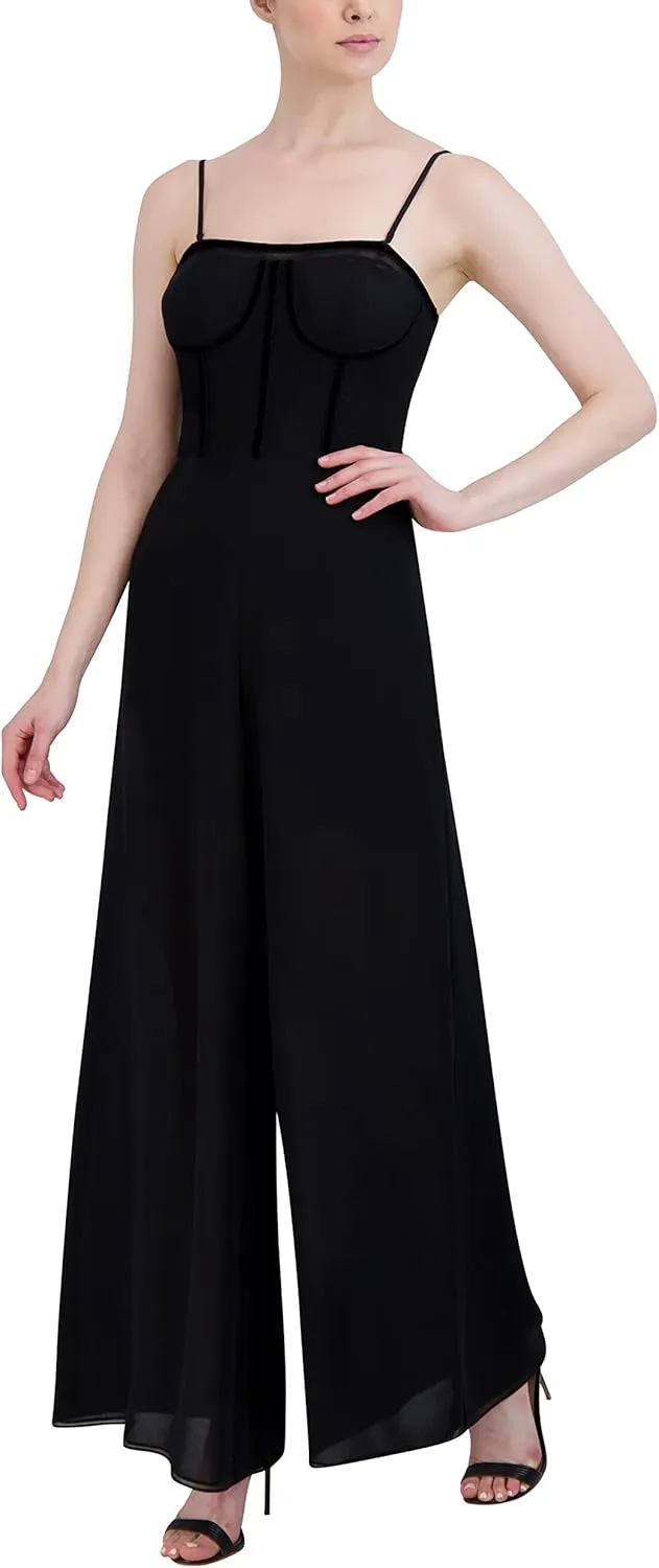 BCBGMAXAZRIA Women's Sleeveless Wide Leg Jumpsuit Strapless Bustier Neck Mesh Bodice Velvet Trim One Piece