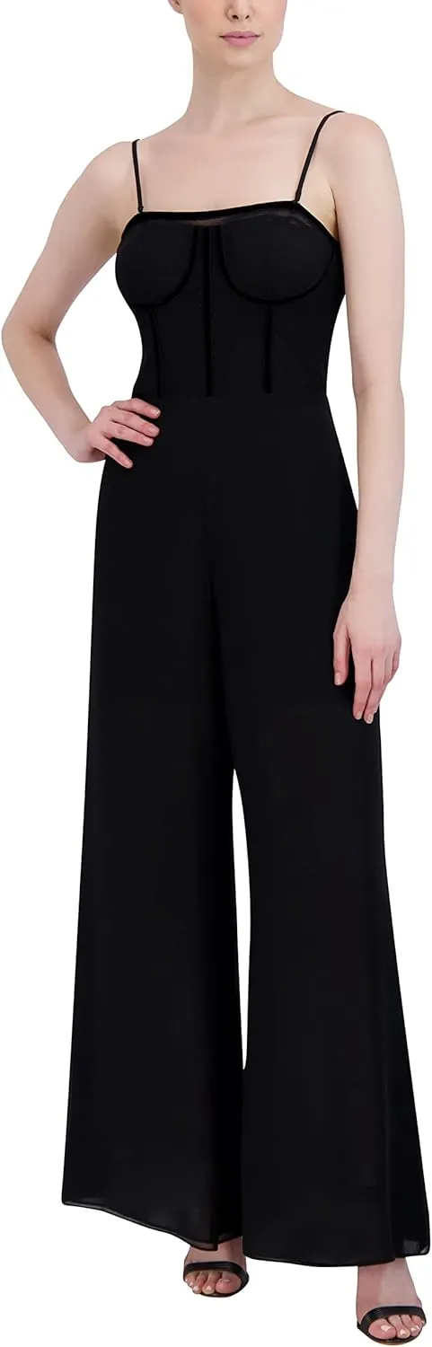 BCBGMAXAZRIA Women's Sleeveless Wide Leg Jumpsuit Strapless Bustier Neck Mesh Bodice Velvet Trim One Piece