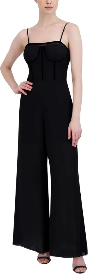 BCBGMAXAZRIA Women's Sleeveless Wide Leg Jumpsuit Strapless Bustier Neck Mesh Bodice Velvet Trim One Piece