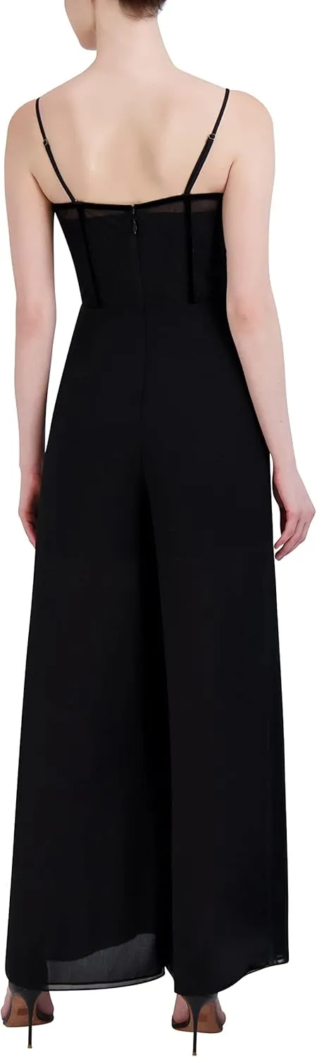 BCBGMAXAZRIA Women's Sleeveless Wide Leg Jumpsuit Strapless Bustier Neck Mesh Bodice Velvet Trim One Piece