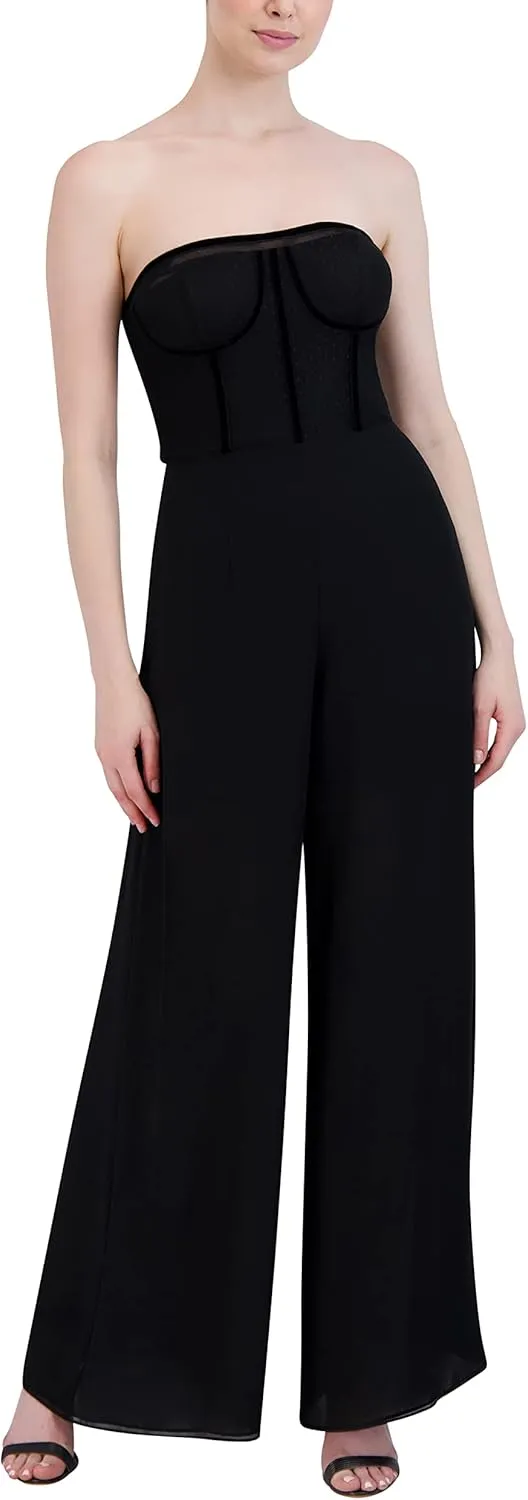 BCBGMAXAZRIA Women's Sleeveless Wide Leg Jumpsuit Strapless Bustier Neck Mesh Bodice Velvet Trim One Piece