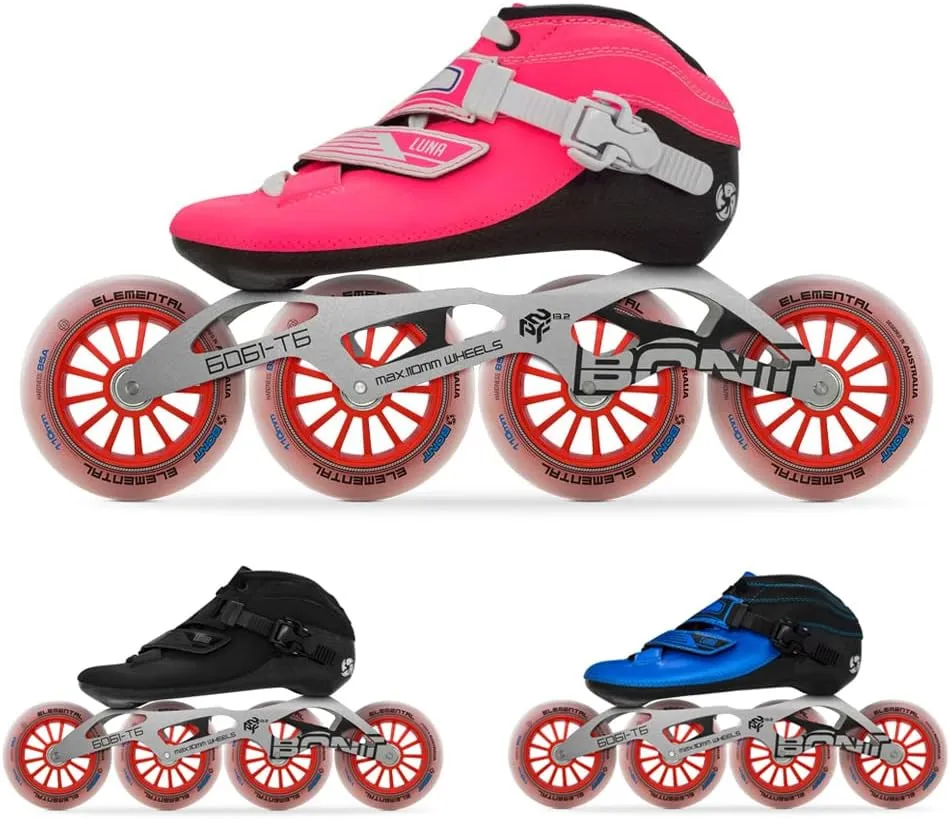 Bont Inline Speed Skating Racing Package - Luna Skate Boot   2PF 6061 Frame   Elemental Wheels   ABEC7 Bearings - Youth - Boys - Girls - Men - Women